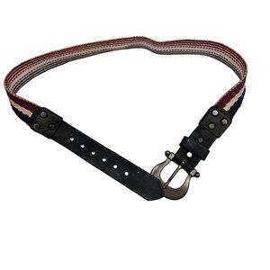 Vintage Leather & Woven Fabric Belt With metal Buckle sz 34‎ red white blue